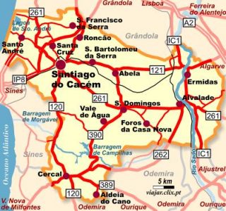 Mapa de ubicación de Santiago do Cacém en el Baixo Alentejo